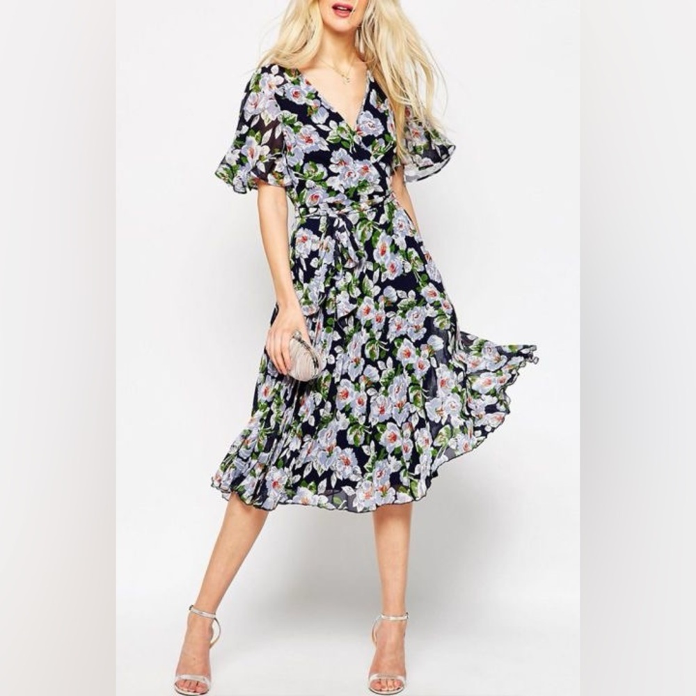 ASOS Navy Green Floral Pleated Midi Dress Size 6